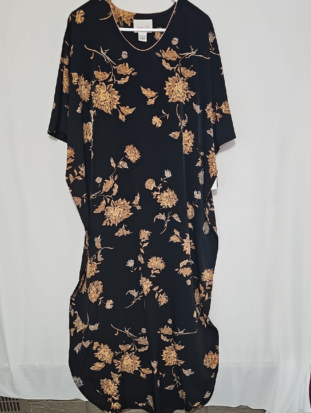 Soft Surroundings Black Midi Dress with Gold Floral Print, Elegant, Intimate